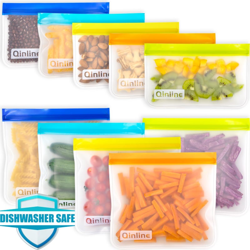 Qinline Reusable Food Storage Bags - 10 Pack Dishwasher Safe Freezer Bags, BPA Free Silicone, Leakproof for Marinate Salad Fruit Travel - 5 Sandwich 5 Snack - Image 1